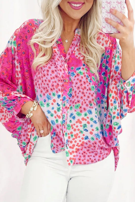 Floral Buttoned V-Neck Oversized Shirt