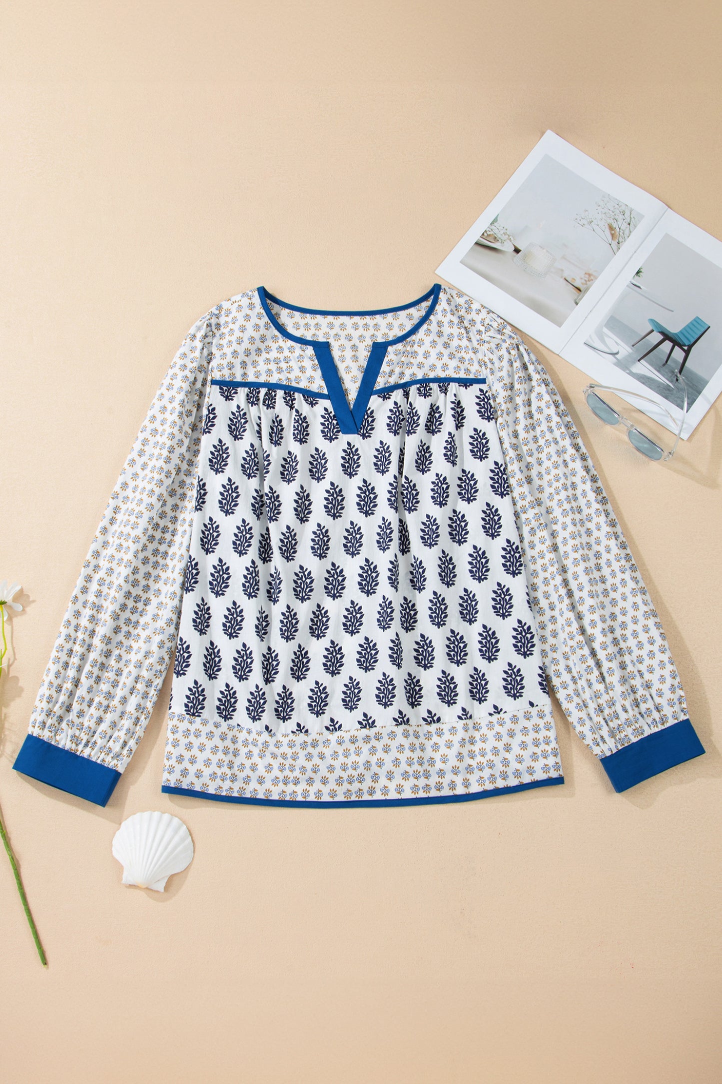 Plus Size Boho Floral Patchwork Puff Sleeve Blouse