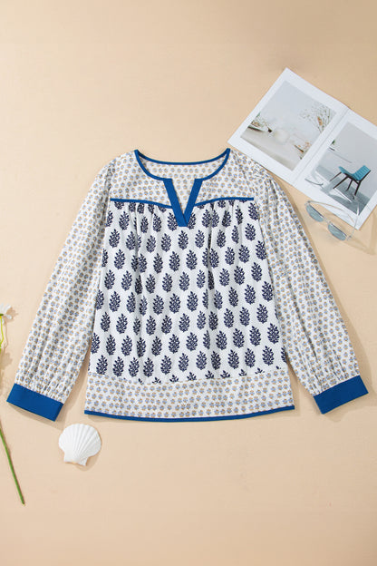 Plus Size Boho Floral Patchwork Puff Sleeve Blouse