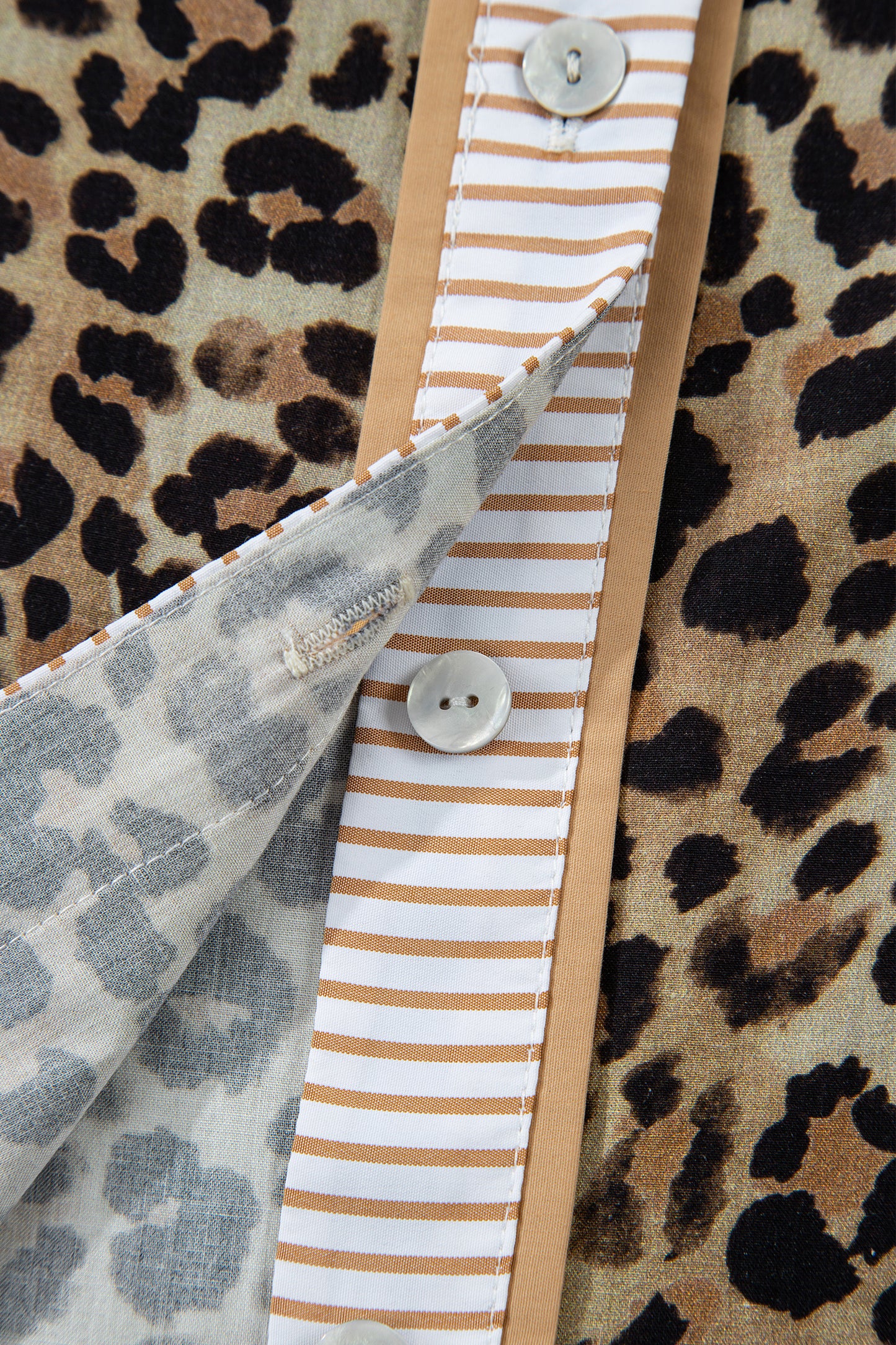 Leopard Contrast Stripe Buttoned V-Neck Shirt