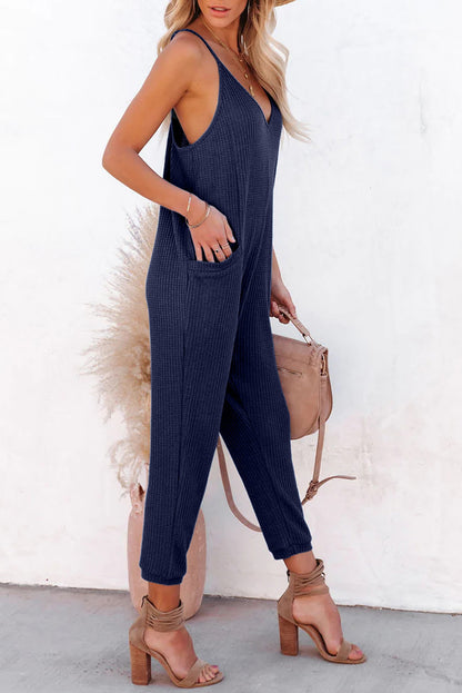 Waffle Sleeveless V-Neck Pocketed Jumpsuit