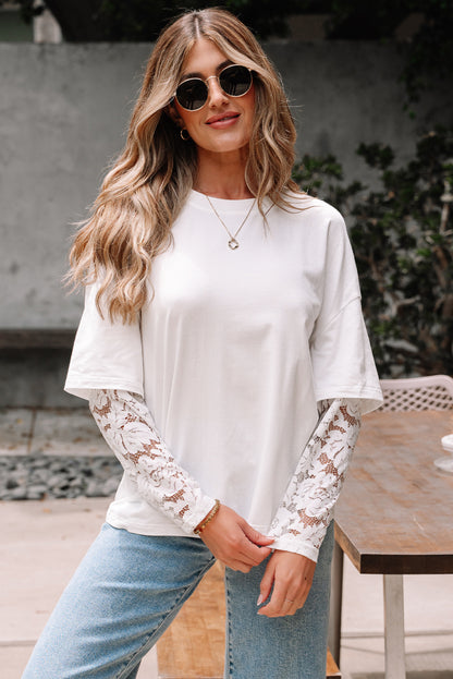 Lace Insert Long Sleeve Drop Shoulder Tee
