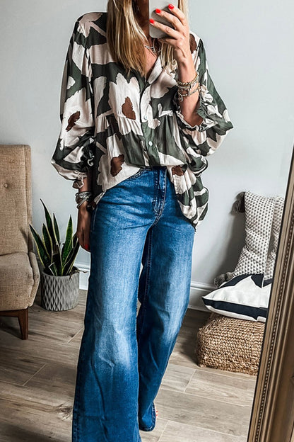 Abstract Floral Puff Sleeve Blouse