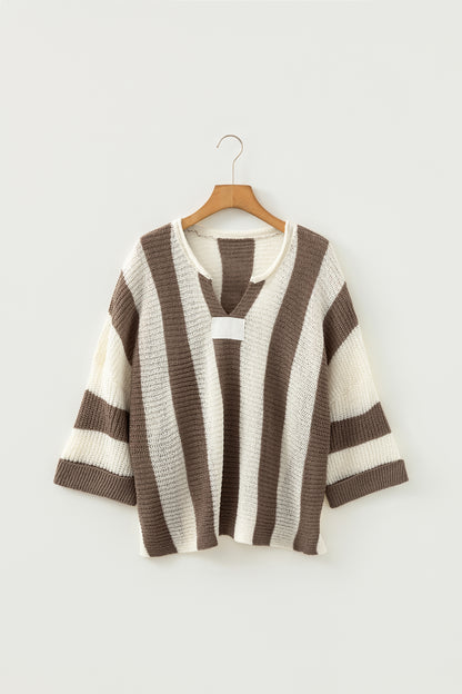 Colorblock Stripe V-Neck 3/4 Sleeve Sweater