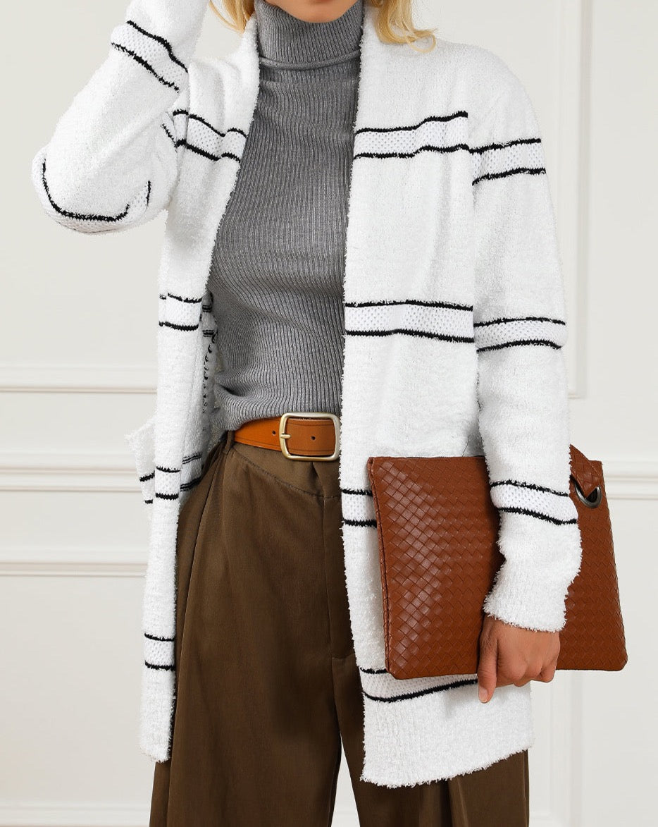 Stripe Fuzzy Open Front Cardigan