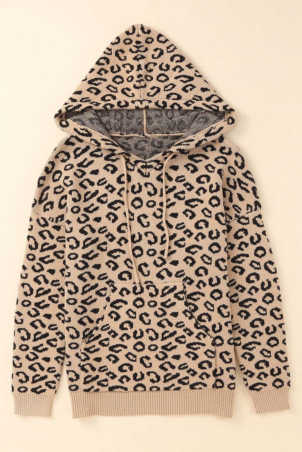 Leopard Knit Drawstring Hooded Sweater