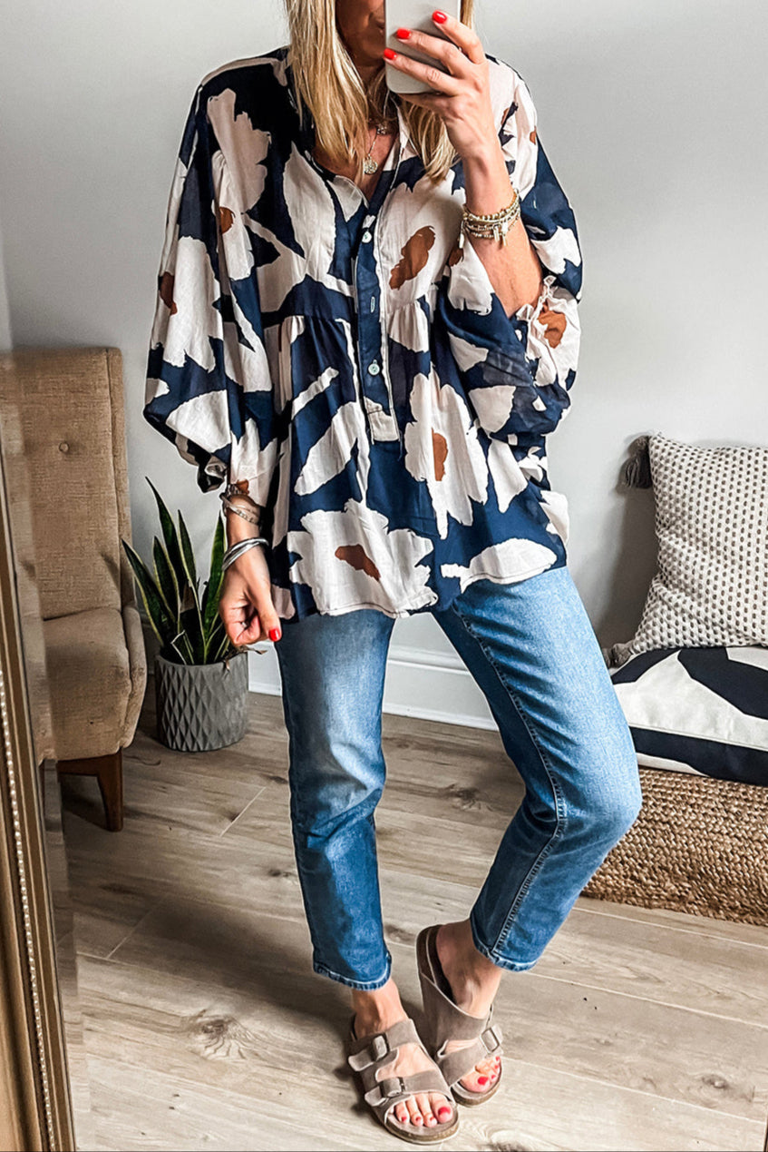 Abstract Floral Puff Sleeve Blouse