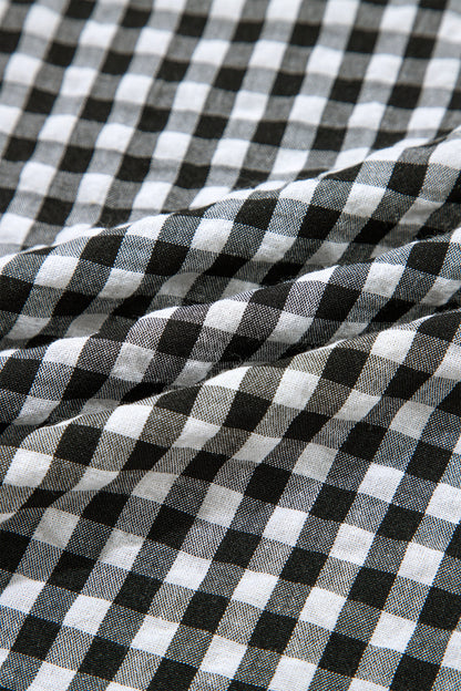 Gingham Plaid Puff Sleeve Frilled Neck Blouse
