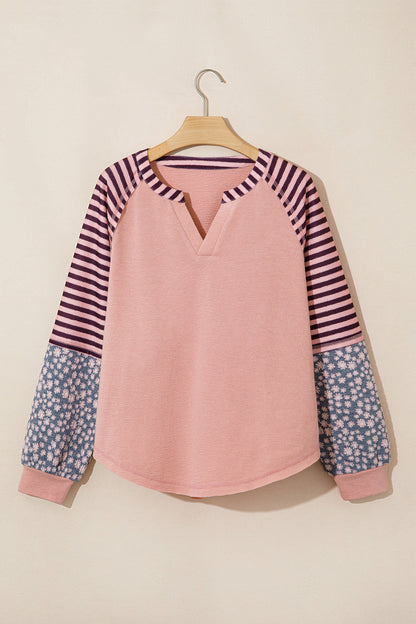Colorblock Stripe Floral V-Neck Long Sleeve Top