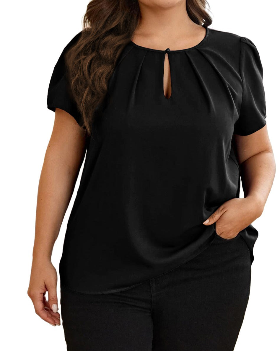 Pleated Keyhole Crewneck T-Shirt Plus Size