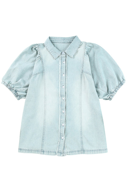 Denim Raw Edge Bubble Sleeve Shirt