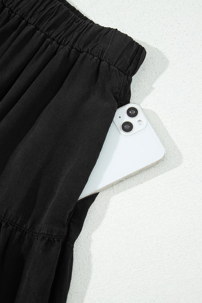 Denim Ruffle Tiered Flared Maxi Skirt