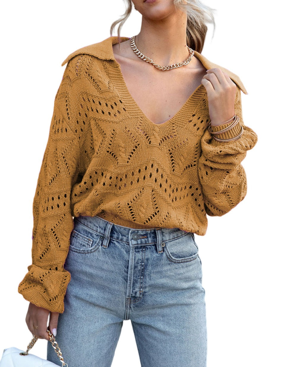 Hollowed Knit Collared V-Neck Sweater