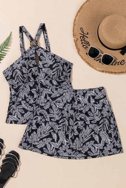Abstract Buckle Tankini Top & Skirted Swim Set