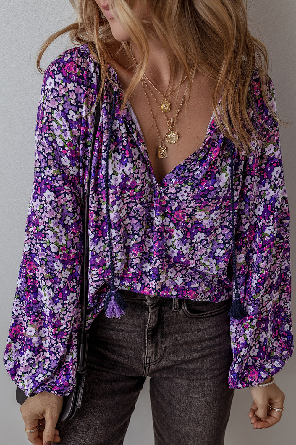 Floral Boho V-Neck Bubble Sleeve Blouse