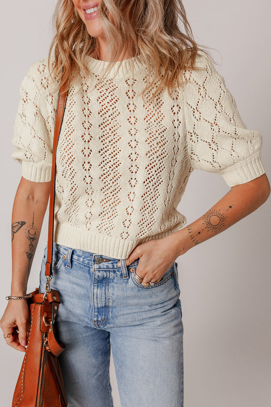 Hollowed Knit Puff Sleeve Sweater