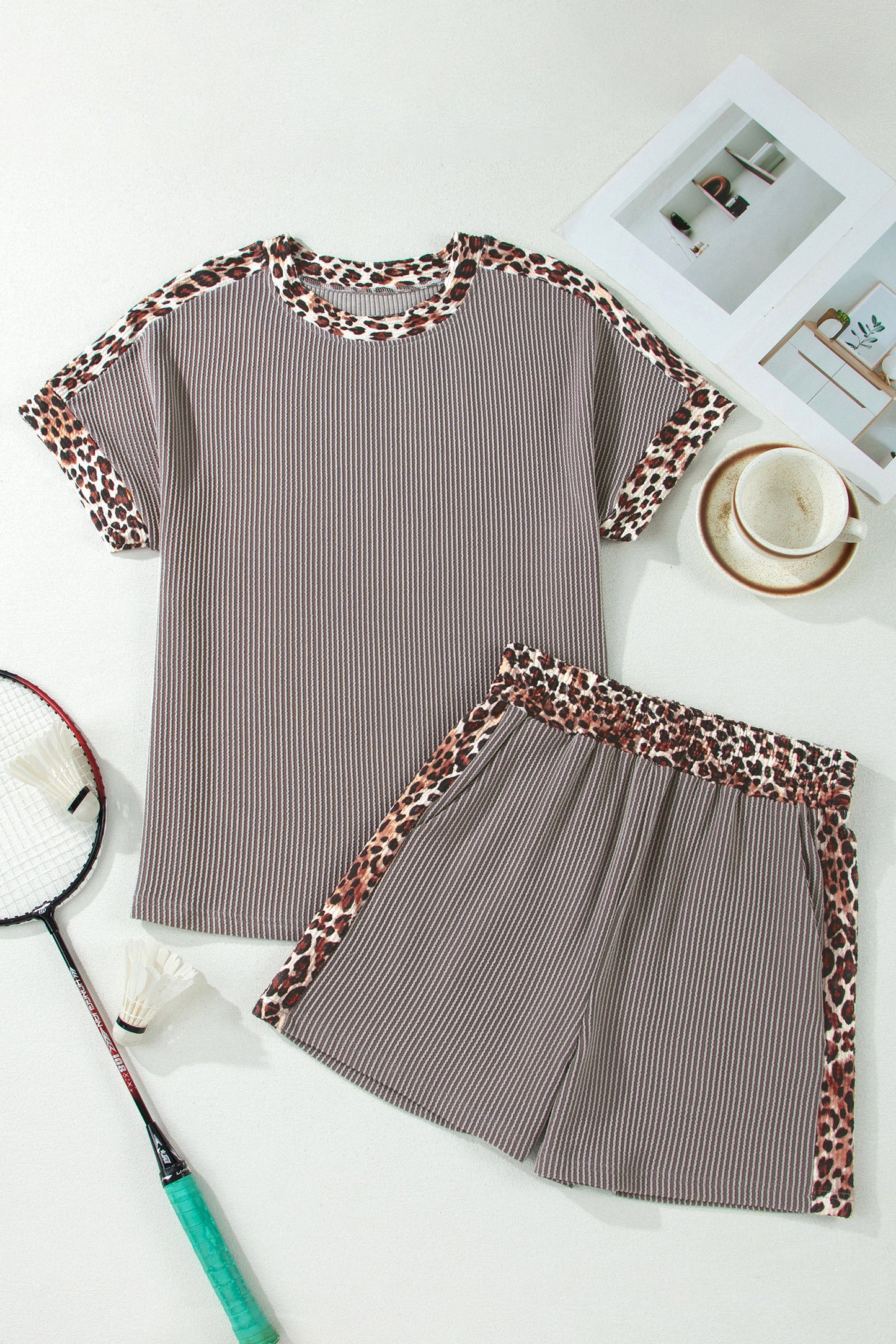 Leopard Trim Corded Top & Shorts Set