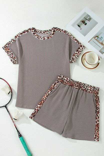 Leopard Trim Corded Top & Shorts Set