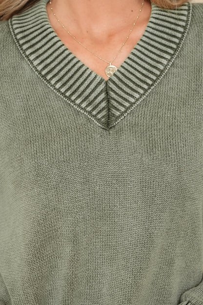 Mineral Wash Reverse Seam V-Neck Drop Shoulder Sweater