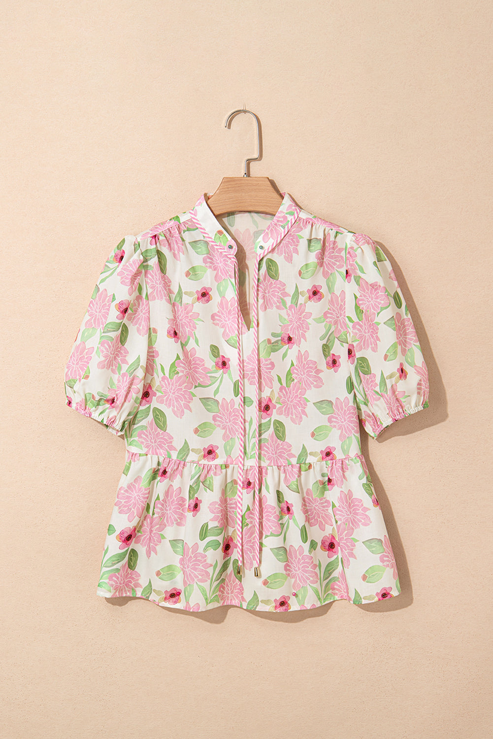 Floral V-Neck Puff Sleeve Peplum Blouse