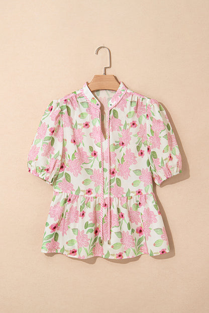 Floral V-Neck Puff Sleeve Peplum Blouse