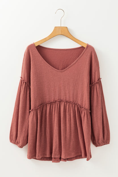 Textured V-Neck Puff Sleeve Blouse