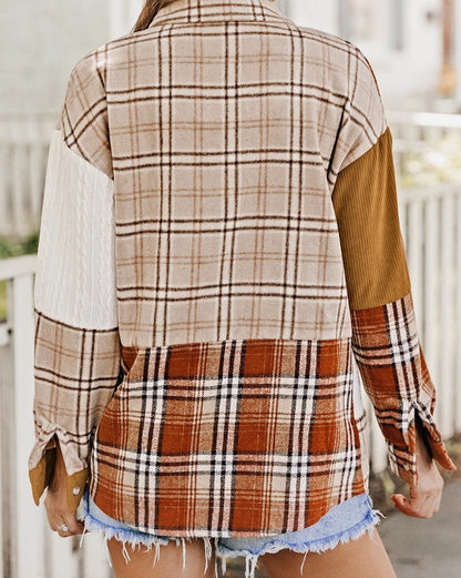 Colorblock Plaid Cable Pocketed Shacket