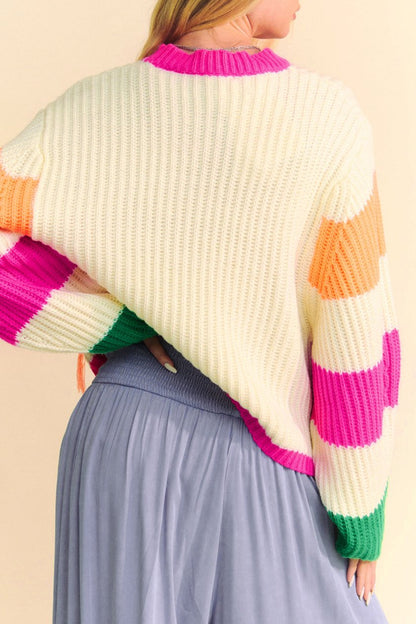 Colorblock Floral Cable Knit Sweater