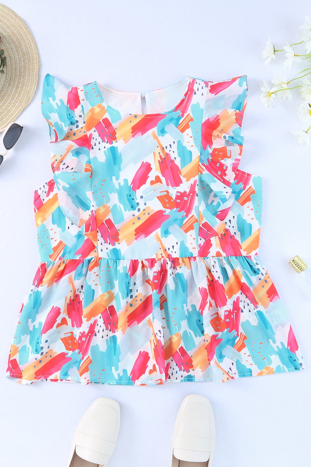 Abstract Ruffle Peplum Tank Top