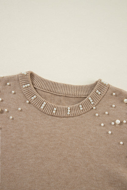 Solid Pearl Drop Shoulder Round Neck Sweater