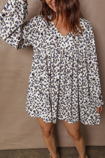 Leopard Buttoned V-Neck Long Sleeve Mini Dress