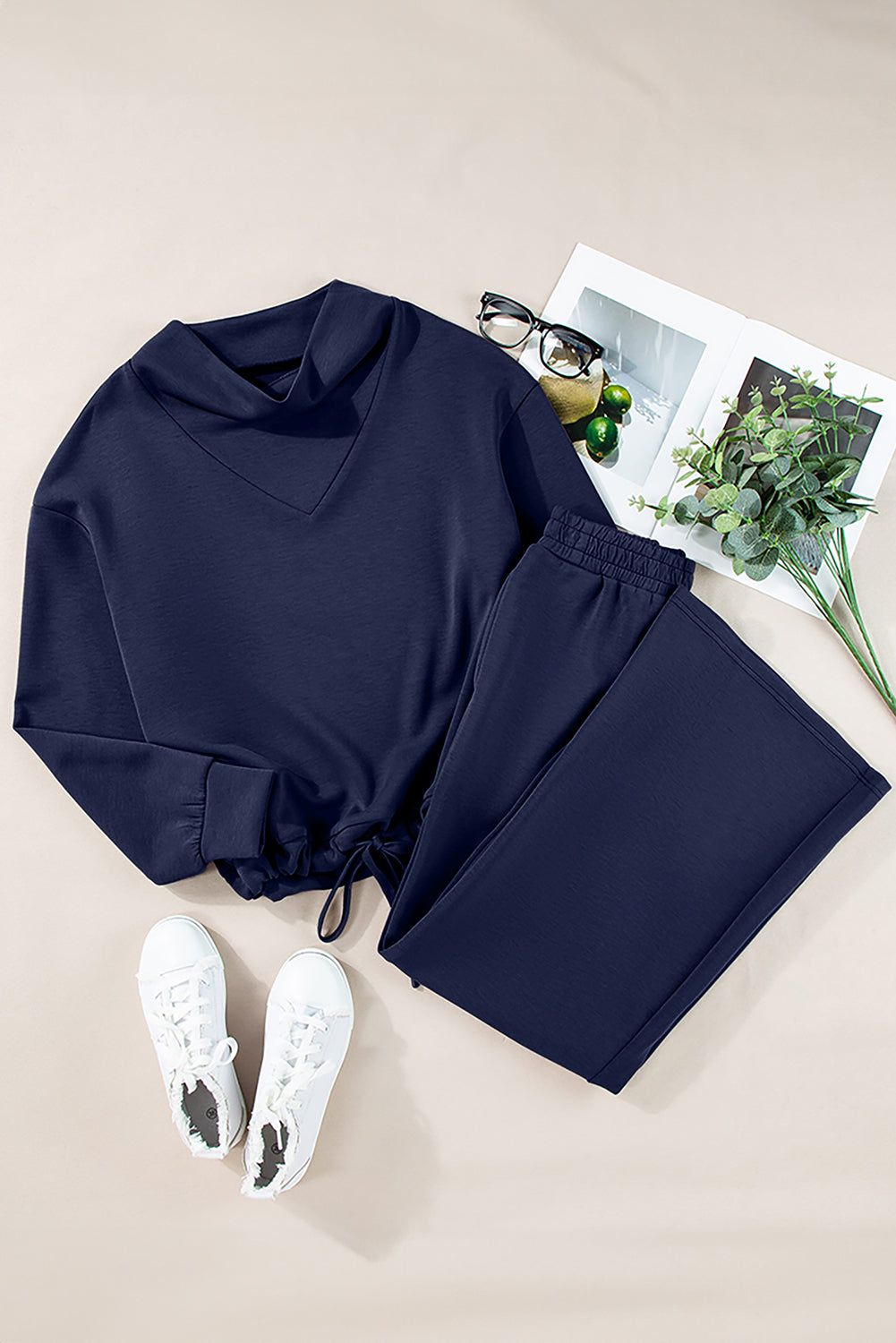 Solid Cowl Neck Pullover & Wide Leg Pants Set