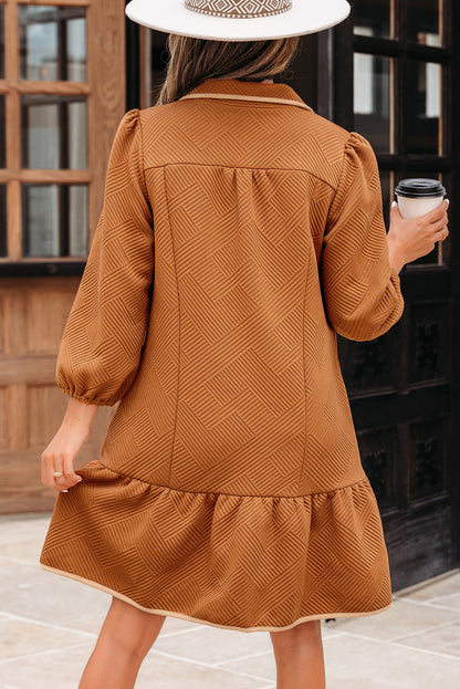 Textured Quarter Zip Collar 3/4 Sleeve Mini Dress