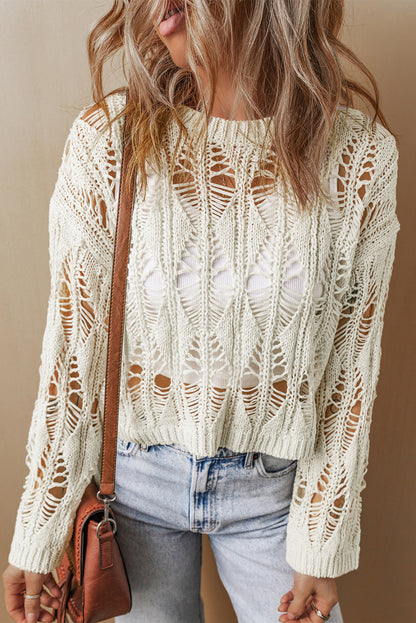 Cut Out Crochet Crew Neck Sweater