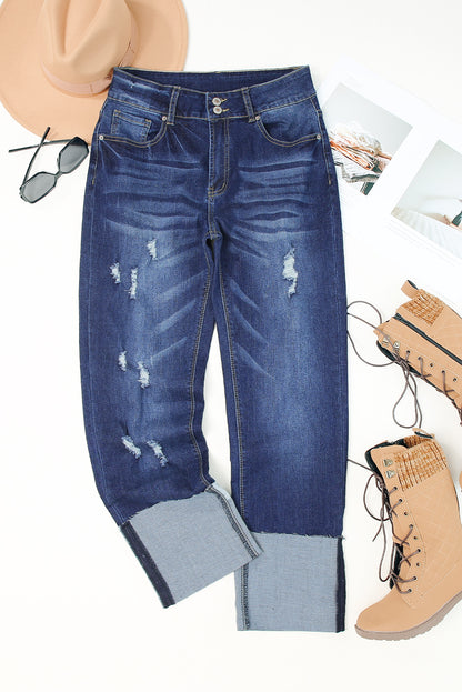 Denim High Waist Distressed Straight Leg Jeans