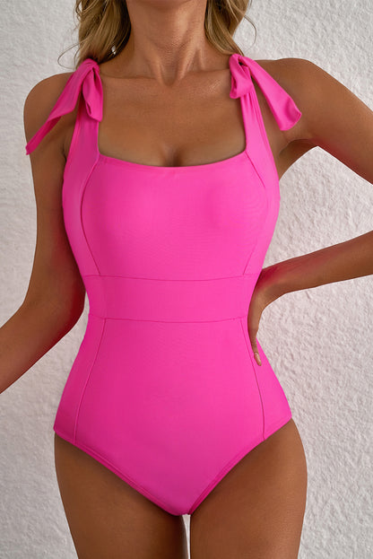 Solid Square Neck Tie Strap Open Back Swimsuit