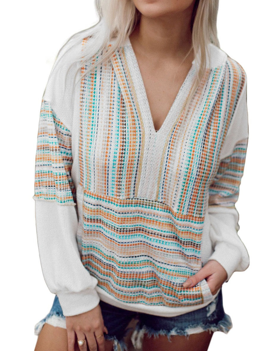 Stripe Patchwork V-Neck Hoodie