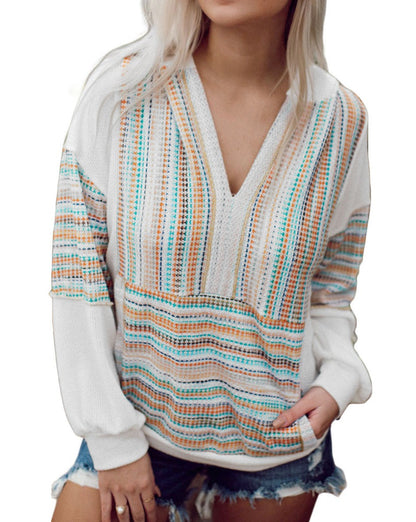 Stripe Patchwork V-Neck Hoodie