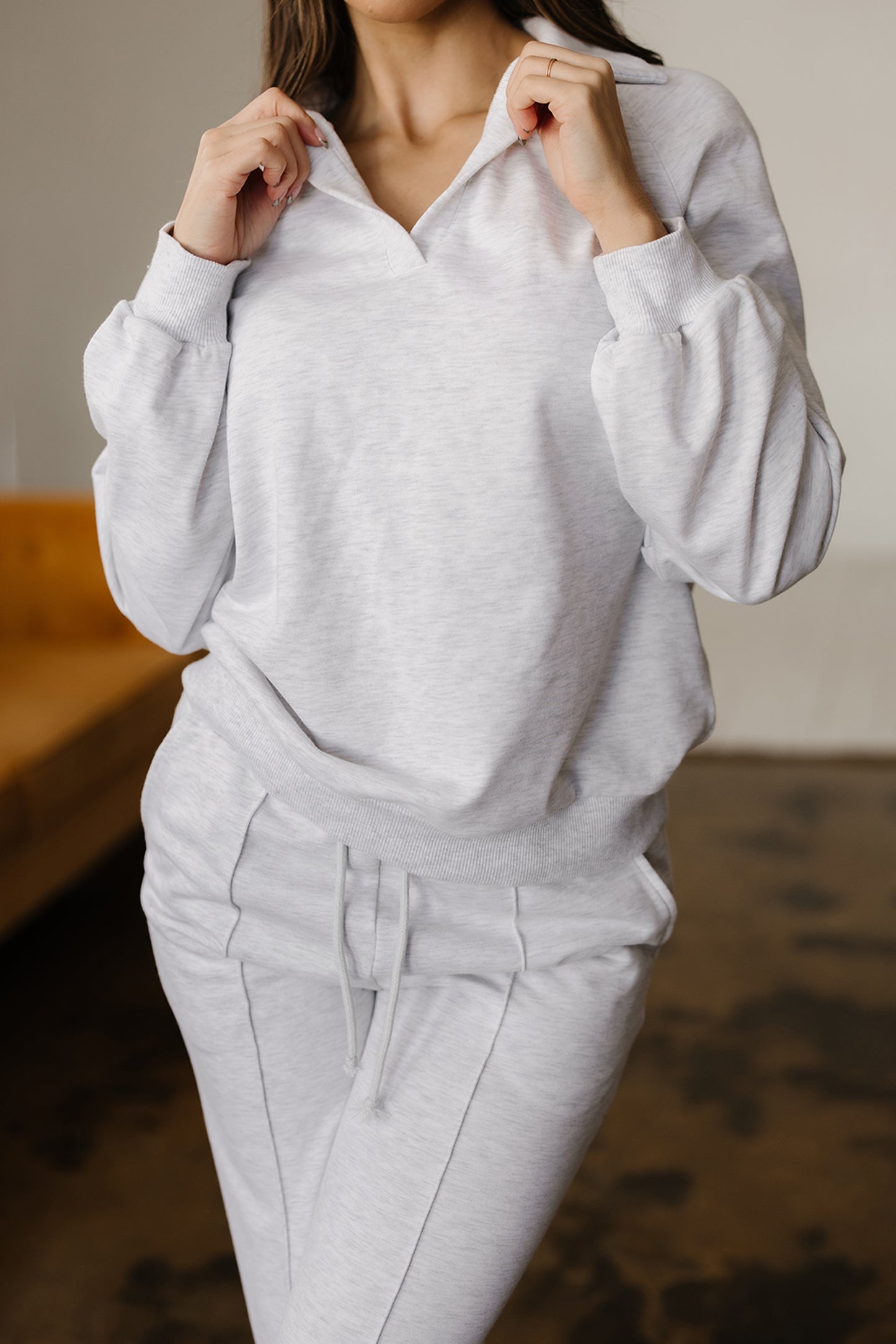 Solid V-Neck Pullover and Drawstring Sweatpants Set
