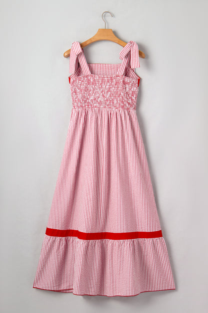 Stripe Bow Tie Straps Ruffle Hem Maxi Dress