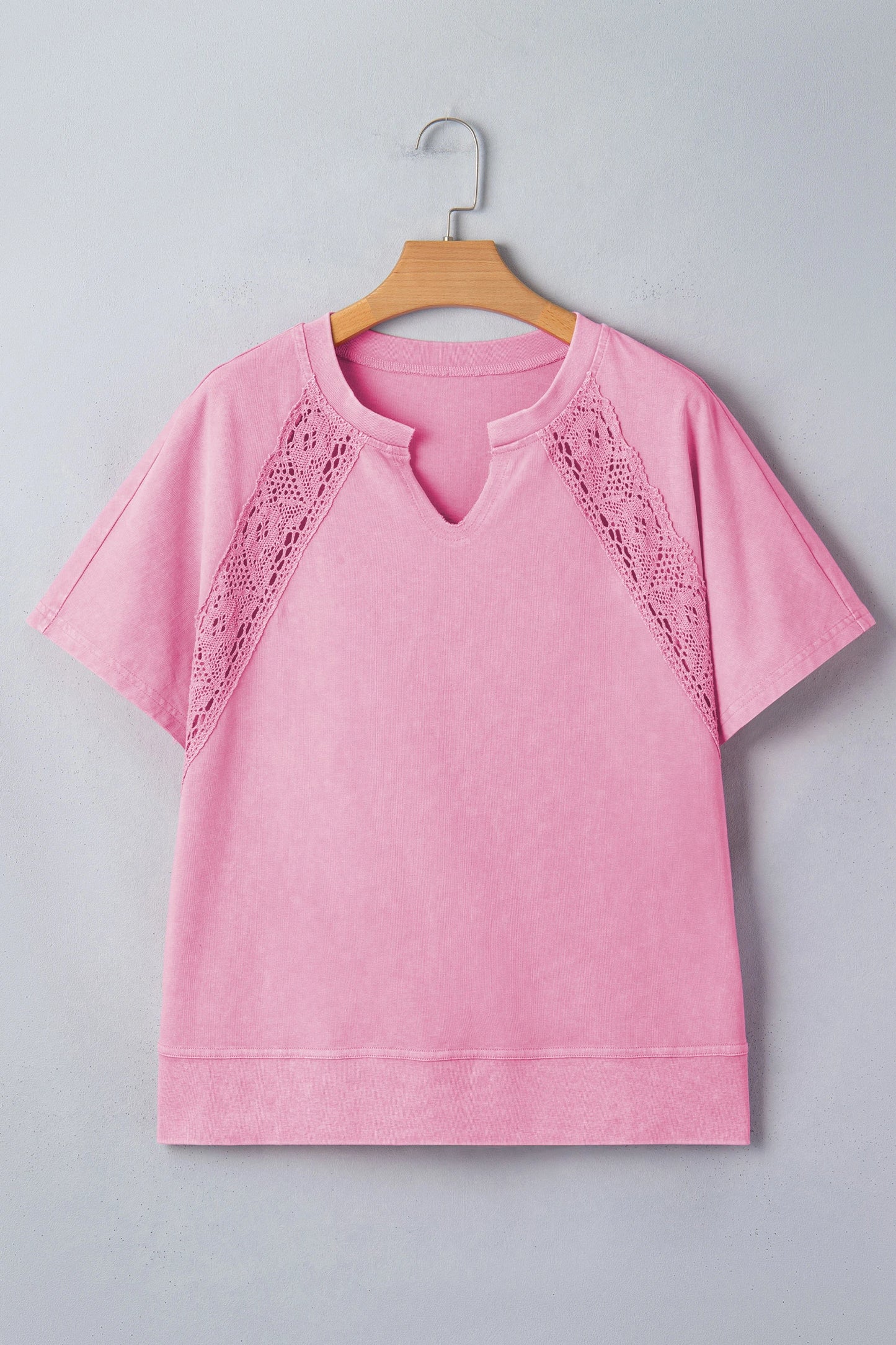 Solid Lace Patchwork Raglan Sleeve Notched Neck Tee