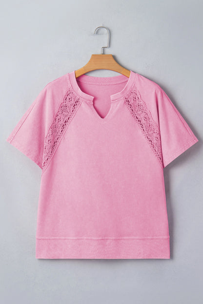 Solid Lace Patchwork Raglan Sleeve Notched Neck Tee