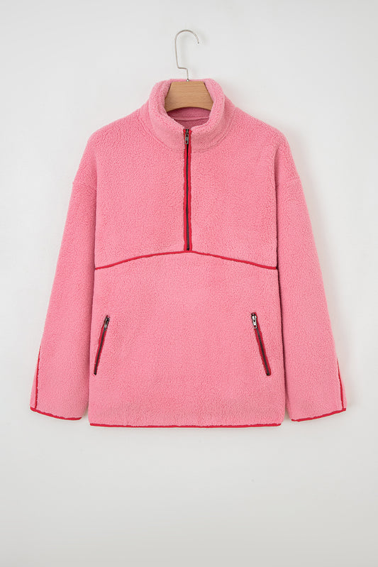 Sherpa Faux Leather Trim Half-Zip Pocketed Sweatshirt
