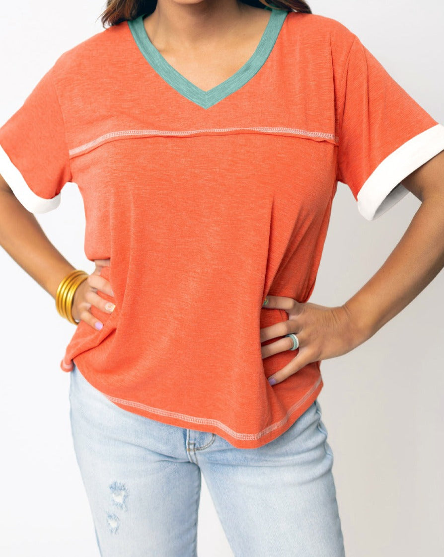 Contrast Trim V-Neck T-Shirt