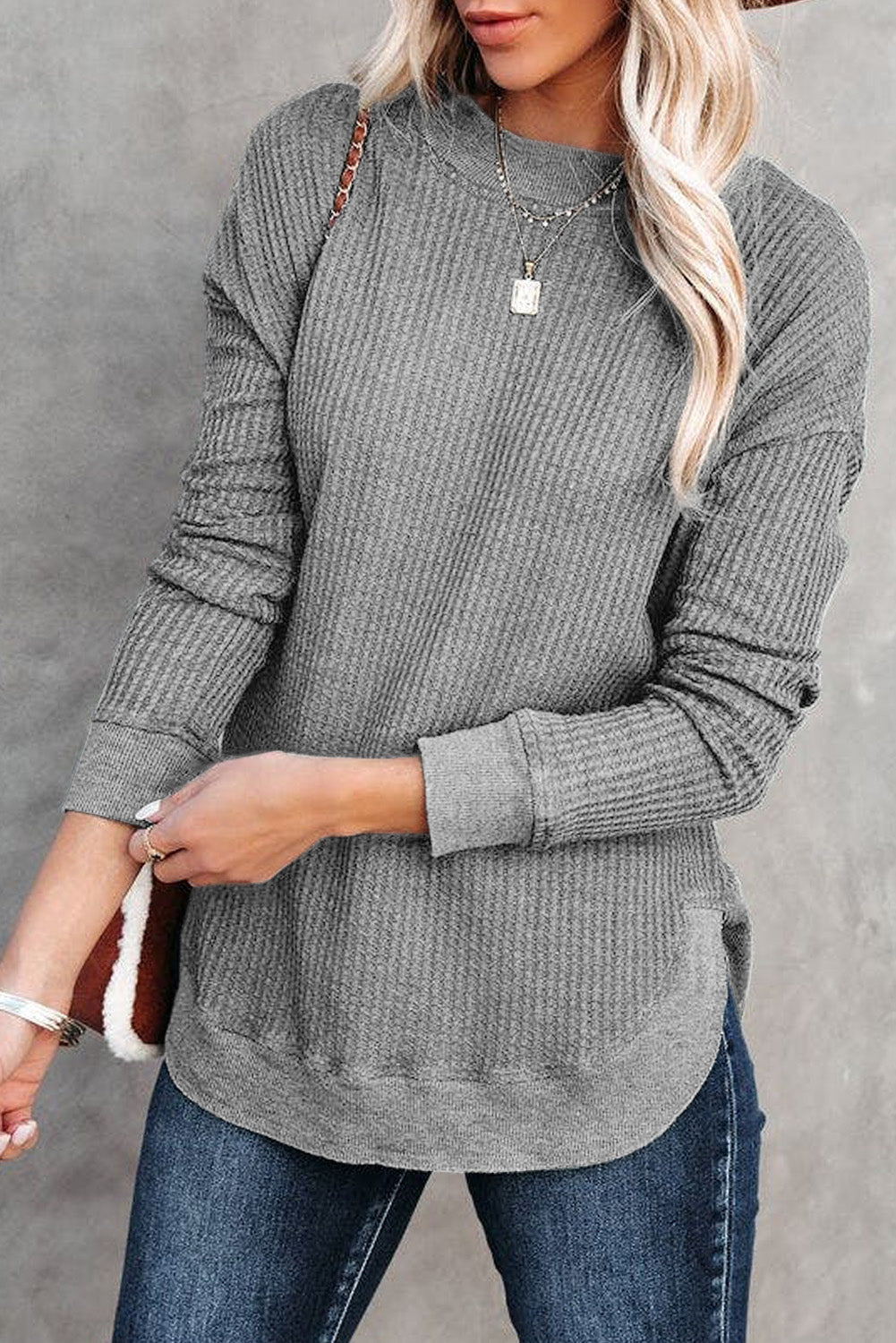 Waffle Ribbed Trim Crewneck Top