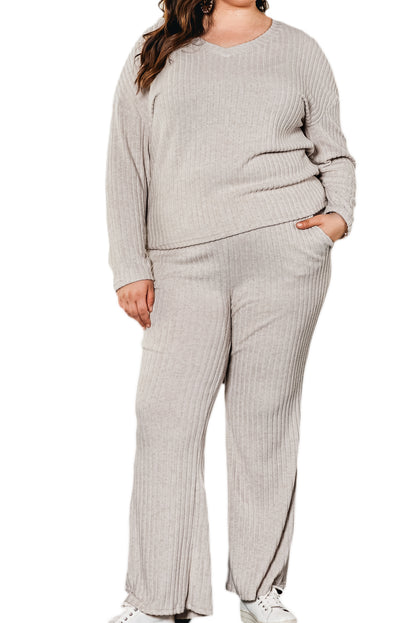 Ribbed Pullover and Pants Set Plus Size