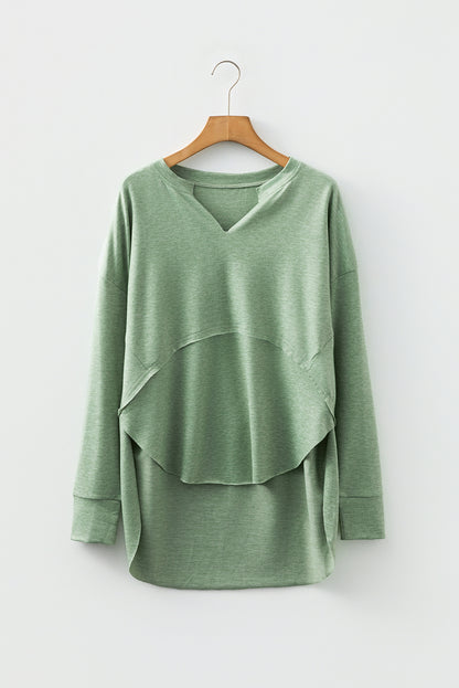 Solid V-Neck Raw Hem Long Sleeve Top