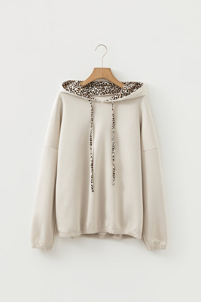 Leopard Contrast Drawstring Hood Drop Shoulder Top