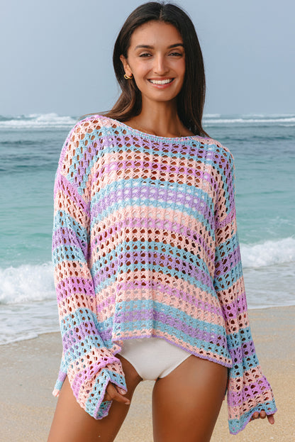 Purple Multi Stripe Open Knit Sweater Beach Cover Up