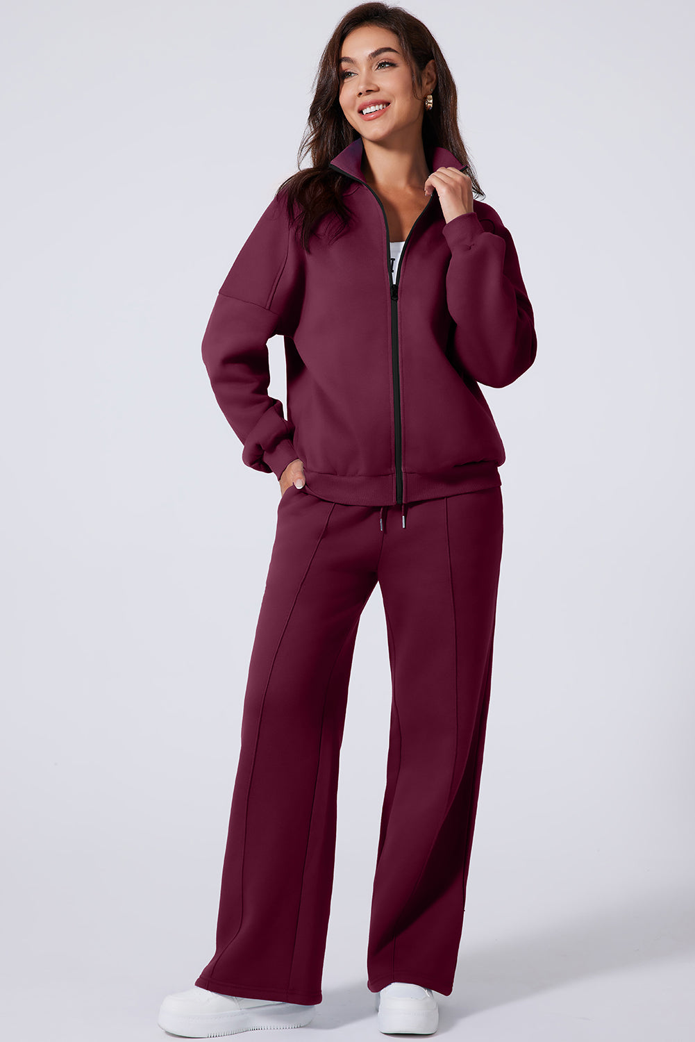 Solid Zip-Up Jacket and Drawstring Pants Set